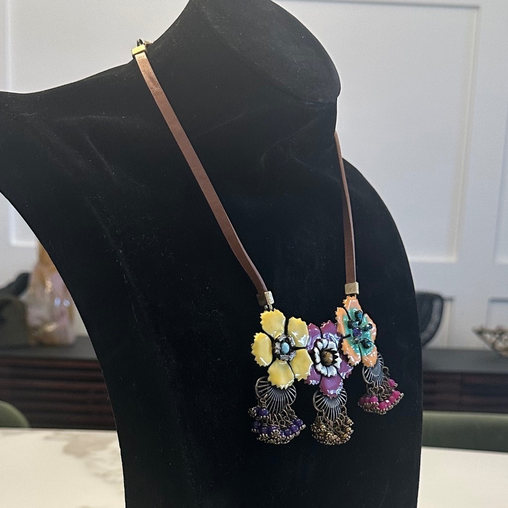 TOVA - Vibrant Boho Floral Enamel Brass Necklace on Brown Leather Cord - 18 in. - Picture 3 of 14